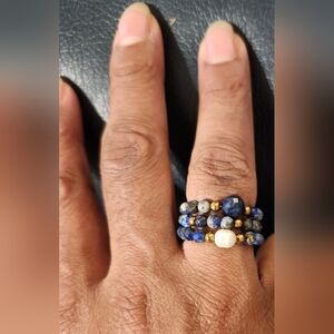 Elegant 3pcs Women's Natural Stone & Freshwater Pearls Ring Set, Adjustable